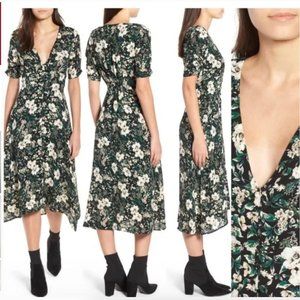 Astr the Label Floral Midi Dress with Deep V Neck Button Up